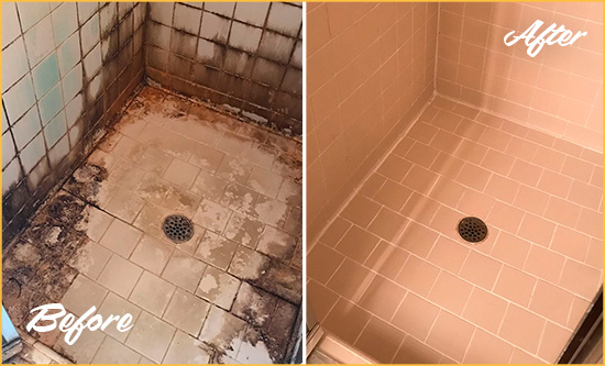 Before and After Picture of a Senoia Shower Tile and Grout Cleaned to Repair Water Damage