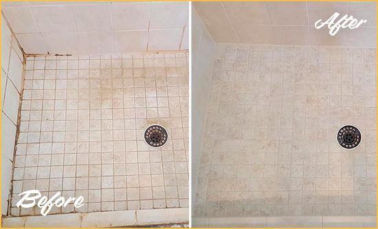 Before and After Picture of a Dahlonega Shower Caulked to Fix Cracks