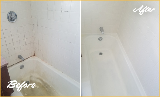 Before and After Picture of a Conley Bathtub Caulked to Repair Cracks