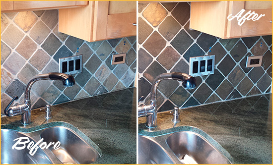 Before and After Picture of a White Backsplash Caulked to Fix and Prevent Water Leaks