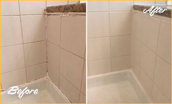 Before and After Picture of a Conley Shower Caulked to Repair Damaged Caulking