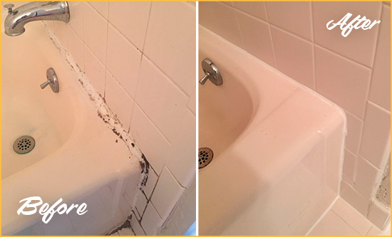 Before and After Picture of a Aragon Bathroom Sink Caulked to Fix a DIY Proyect Gone Wrong