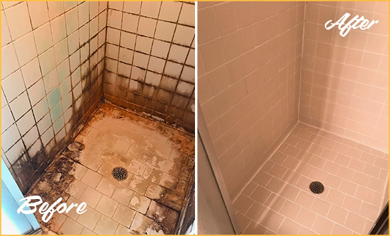 Before and After Picture of a Ellenwood Shower Caulked to Fix and Prevent Water Damage