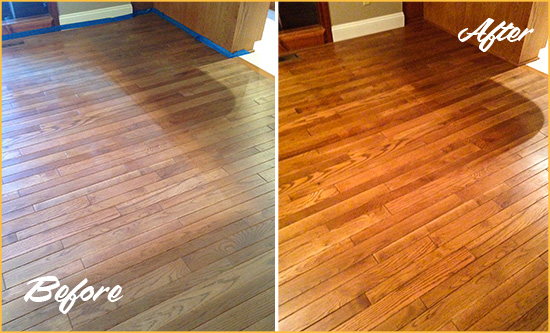 Before and After Picture of a Cornelia Wood Sandless Refinishing Service on a Dull Floor to Recover Its Sheen