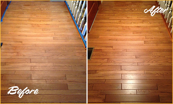 Before and After Picture of a Taliaferro Wood Sandless Refinishing Service on a Dull Hallway