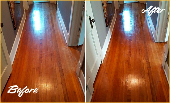 Before and After Picture of a Cornelia Wood Sandless Refinishing Service on a Floor to Eliminate Scratches
