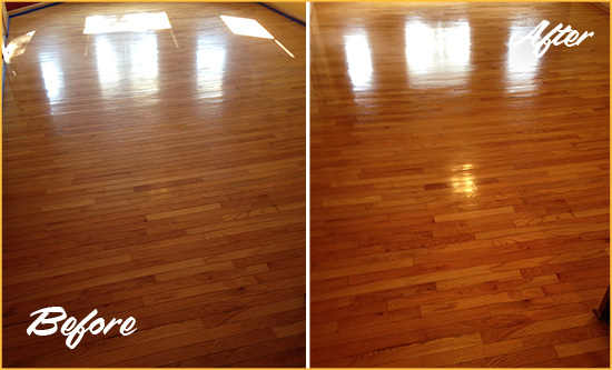 Before and After Picture of a Ranger Wood Sandless Refinishing Service on a Room Floor to Remove Scratches