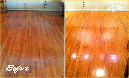 Before and After Picture of a Cornelia Wood Sandless Refinishing Service on a Stained Floor