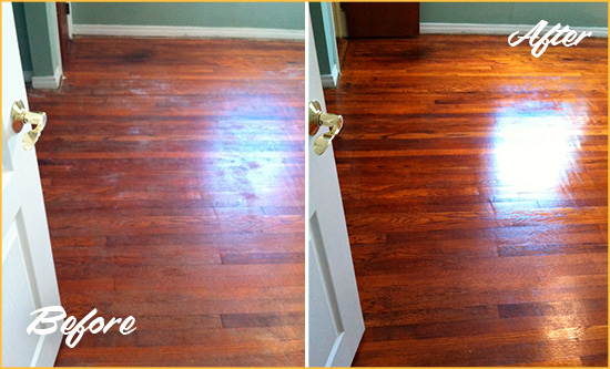 Before and After Picture of a Ranger Wood Sandless Refinishing Service on a Dull Floor to Remove Stains