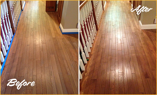 Before and After Picture of a Winston Wood Sandless Refinishing Service on a Worn Out Floor