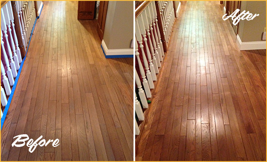 Before and After Picture of a Cornelia Wood Sandless Refinishing Service on a Worn Out Floor
