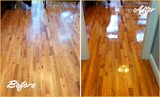 Before and After Picture of a Auburn Wood Sandless Refinishing Service on a Worn Out Hallway