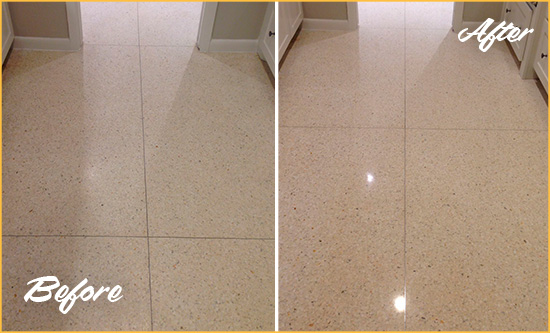 Before and After Picture of a Dallas Granite Stone Floor Polished to Repair Dullness