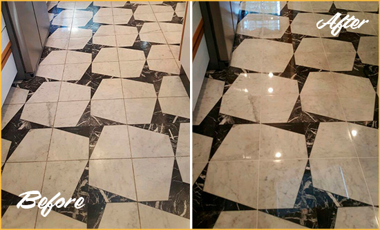 Before and After Picture of a Dull Alpharetta Marble Stone Floor Polished To Recover Its Luster