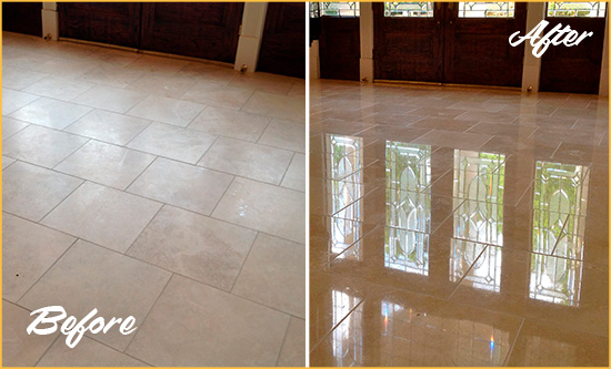 Before and After Picture of a Dull Gainesville Travertine Stone Floor Polished to Recover Its Gloss