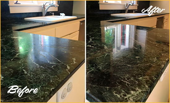 Before and After Picture of a Calhoun Marble Stone Counter Polished to Eliminate Water Marks