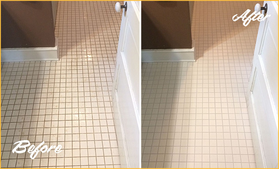 Before and After Picture of a Red Oak Bathroom Floor Sealed to Protect Against Liquids and Foot Traffic
