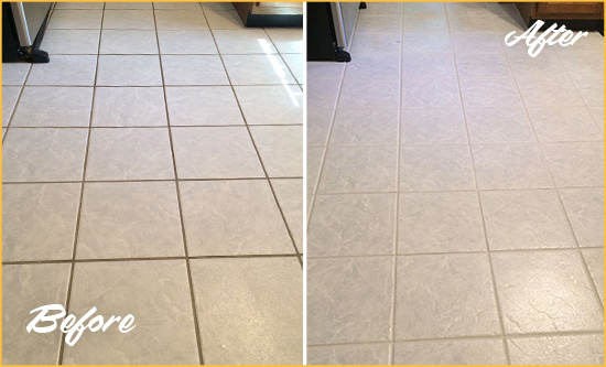 Before and After Picture of a Lithia Springs Kitchen Ceramic Floor Sealed to Protect From Dirt and Spills