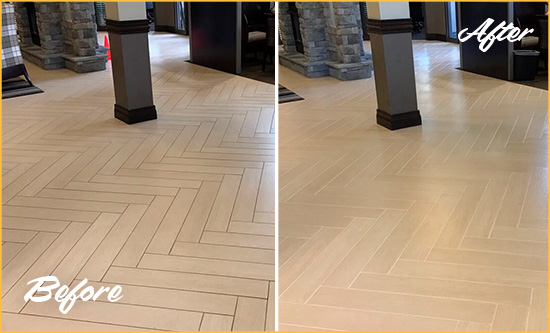 Before and After Picture of a Dirty Canton Ceramic Office Lobby Sealed For Extra Protection Against Heavy Foot Traffic