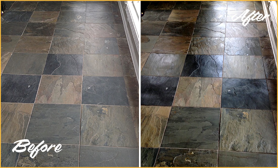 Before and After Picture of a Dull Stone Mountain Slate Floor Sealed to Bring Back Its Colors