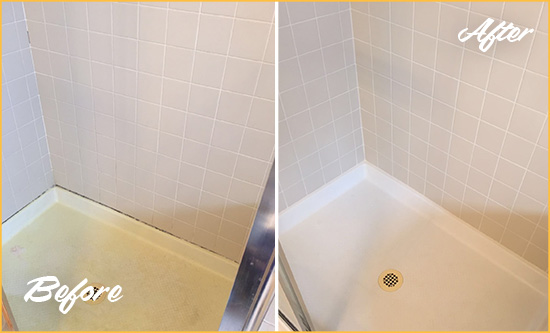 Before and After Picture of a Braselton Shower Sealed to Remove and Protect Against Mold