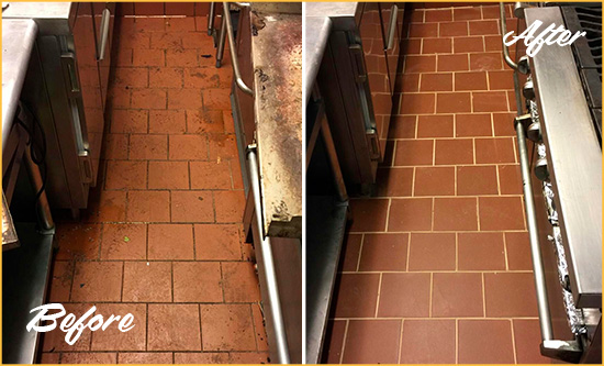 Before and After Picture of a Talking Rock Restaurant Kitchen Floor Sealed to Remove Soil