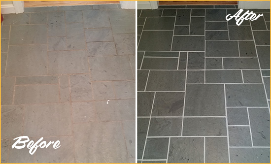 Before and After Picture of a Kingston Slate Floor Cleaned to Remove Deep-Seated Dirt