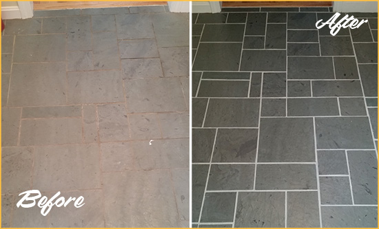 Before and After Picture of a Mount Zion Slate Floor Cleaned to Remove Deep-Seated Dirt