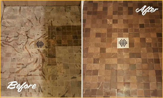 Before and After Picture of a Stained Avondale Estates Marble Shower Floor Cleaned to Remove Etching