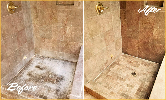 Before and After Picture of a Fayetteville Travertine Shower Cleaned to Eliminate Water Spots