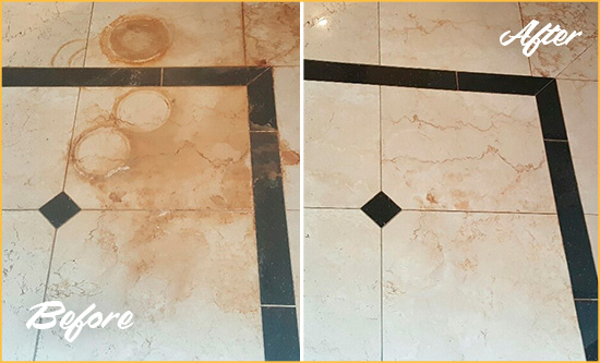 Before and After Picture of a Fayetteville Marble Floor Cleaned to Eliminate Rust Stains