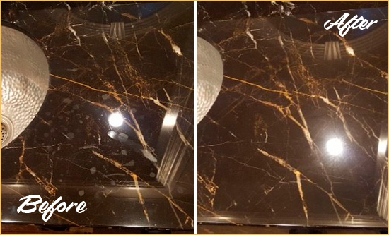 Before and After Picture of a Ball Ground Marble Countertop Cleaned to Remove Water Spots