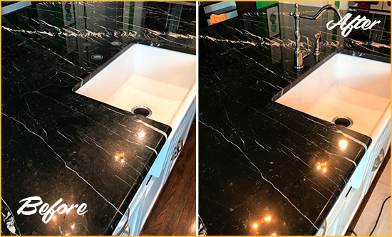 Before and After Picture of a Dawsonville Marble Kitchen Countertop Stone Sealed to Avoid Water Damage