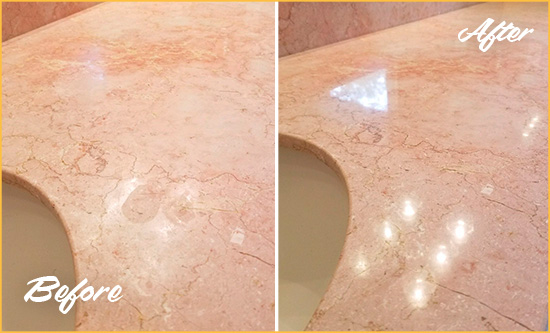 Before and After Picture of a Taylorsville Marble Stone Vanity Top Sealed to Avoid Water Marks