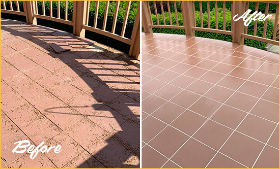 Before and After Picture of a Jasper Hard Surface Restoration Service on a Tiled Deck