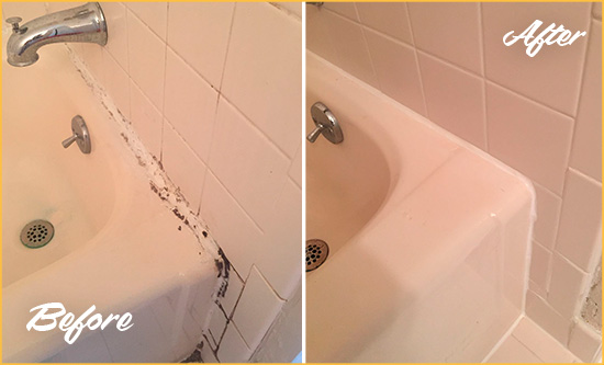 Before and After Picture of a Carrollton Hard Surface Restoration Service on a Tile Shower to Repair Damaged Caulking