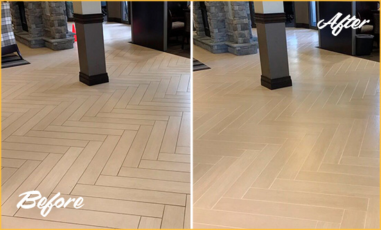 Before and After Picture of a Red Oak Hard Surface Restoration Service on an Office Lobby Tile Floor to Remove Embedded Dirt