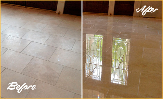 Before and After Picture of a Cornelia Hard Surface Restoration Service on a Dull Travertine Floor Polished to Recover Its Splendor