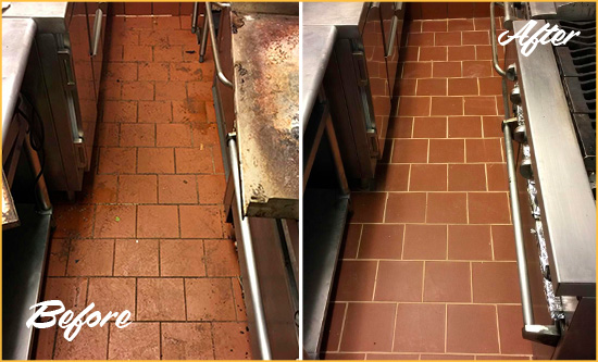 Before and After Picture of a Pendergrass Hard Surface Restoration Service on a Restaurant Kitchen Floor to Eliminate Soil and Grease Build-Up