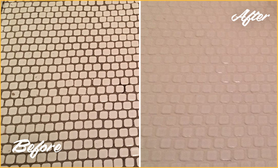 Before and After Picture of a Riverdale Hard Surface Restoration Service on a Bathroom Tile Floor Recolored to Fix Grout Color