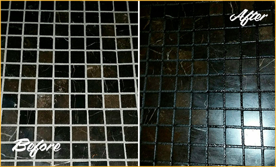 Before and After Picture of a Bowdon Black Floor with Recolored Grout