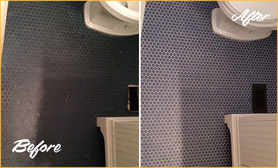 Before and After Picture of a Homer Blue Tile Floor Recolored Grout