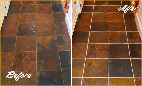 Before and After Picture of a Aragon Slate Floor Recolored Grout