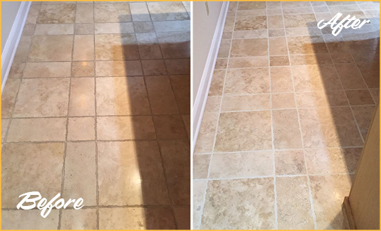 Before and After Picture of a Winder Travertine Kitchen Floor Recolored Grout