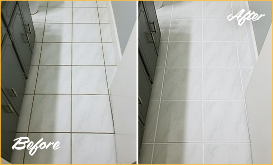 Before and After Picture of a Smyrna White Ceramic Tile with Recolored Grout