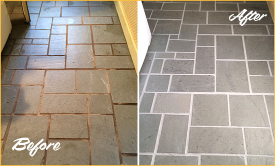 Before and After Picture of Damaged Aragon Slate Floor with Sealed Grout
