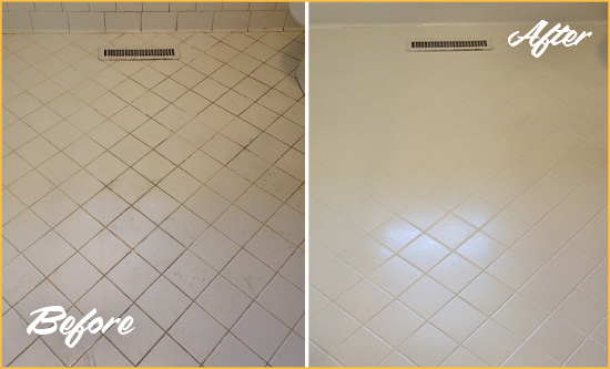 Before and After Picture of a Jenkinsburg White Bathroom Floor Grout Sealed for Extra Protection