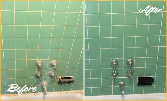 Before and After Picture of a Rex Bath Tub Grout Sealed to Avoid Water Damage