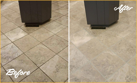 Before and After Picture of a White Kitchen Floor Grout Sealed to Remove Stains