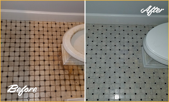 Before and After Picture of a White Bathroom Floor Cleaned to Remove Embedded Dirt